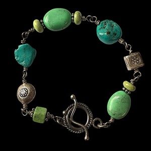 Vintage Turquoise Sterling Silver Gemstone Bead Toggle Clasp Bracelet